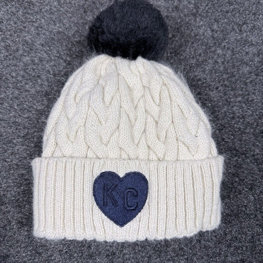 Kansas City Monarchs Soft Sherpa Cuff Womens Pom Hat Heart Logo Ivory Cable Knit